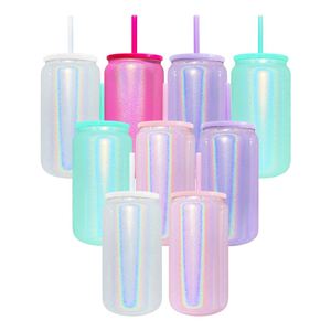 Coffee Blank Sublimation Shimmer Colorful Glitter Stainless Steel 16Oz Beer Can <b>Cups</b> With <b>Lids</b> <b>and</b> <b>Straws</b> - Product Image 3