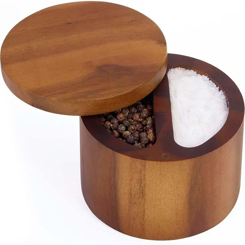 Duet kotak garam dua kompartemen dijamin dengan tutup putar magnetis kotak penyimpan garam Acacia kotak garam bambu