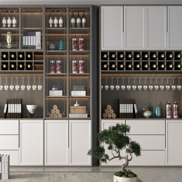 BALOM Customized Eco-Friendly Solid Wood Chinese Style Two-Tone White Wine Bar Cabinet Glass Display LED Built-in Grid Wine Rack