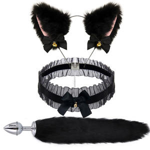 Sexe adulte ensemble 5 pièces chat noir oreille dentelle masque pour les yeux jouer bouche balle bdsm métal plug anal queue de renard - Product Image 3