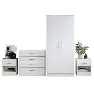 High Gloss White Solid Wood 3 Piece Bedroom Furniture Wardrobe Drawer Bedside Wardrobe Bedroom Set