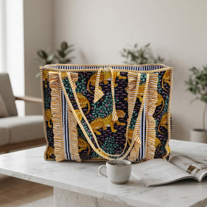 Hand-Block Printed Quilted Safari Tote <b>Bag</b> With Leopard Pattern Cotton Lining Bohemian Style Summer <b>Beach</b> Use - Product Image 2