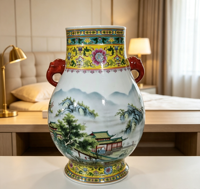 Urne décorative en porcelaine à motif paysage oriental, peinture chinoiserie pavillon montagne, vase en porcelaine avec oreilles d'éléphant