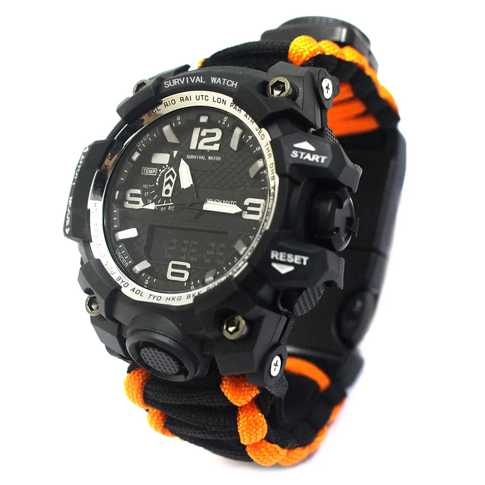 Camping hiking multifunction compass buckle survival watch paracord bracelet watch with thermometer
