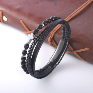 Bracelet en pierre naturelle tressé avec perles, œil de tigre, cuir multicouche, croix, unisexe, cadeau, bijoux, 7,5 8,5 9 pouces - Product Image 1