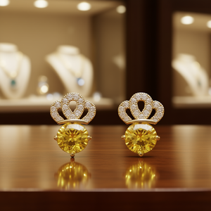 Orecchini a perno E1967 Crown in oro massiccio 18K con citrino e diamanti incastonati a griffe, lusso da donna per tutti i giorni - Product Image 2