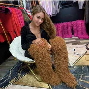 פרווה מונגוליאנית חורף מונגוליאנית נשים ארוכות מגפי החלקה חמה-על גומי הבלעדית שטוח מעל הברך - Product Image 2