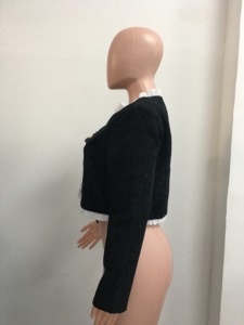 Women's Cropped Contrast Ruffle Trim Round Neck Button Front Casual Formal <b>Top</b> <b>Coat</b> Fashion - Product Image 5