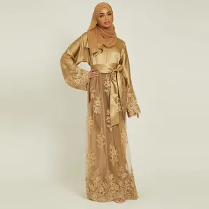 Turquie Premium alta calidad musulmán Eid moda ámbar oro satén cuello redondo cinturón adornado encaje Abaya vestido