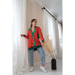 เสื้อคาร์ดิแกนถักลายสีส้มสำหรับผู้หญิง สไตล์ลำลอง คอวี แขนยาว สีตัดกัน - Product Image 2