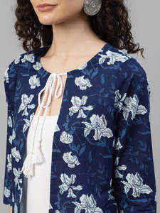 DEEBACO Bolero de Algodón Índigo Floral para Mujer, con Lazos, Abierto por Delante, Manga Corta, Ajuste Relajado, Estilo Western, de Una Pieza, Casual - Product Image 5