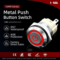 Bouton poussoir métallique HS 16 mm, étanche IP67, IK08, tête plate, indicateur LED, acier inoxydable, momentané ou à enclenchement, 12-24V, 1NO, à vis