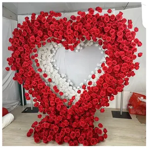 Hochzeit roter Herzförmiger Blumenbogen mit Ständer künstliche Rose Blume Kulisse Hochzeit Bühne Dekoration Herz-Blumenbogen