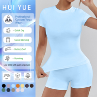 Set Yoga Wanita Pinggang Tinggi Pengangkat Pinggul, Bahan Bernapas, Menyerap Keringat, Kerah Bulat, Cepat Kering, Dua Potong, Pakaian Olahraga untuk Fitness Pilates