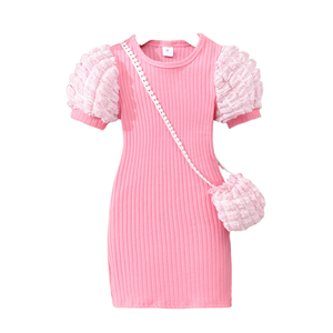<span class=keywords><strong>Vestido</strong></span> Casual de Gasa para Niñas, Color Sólido, Mangas Abullonadas, Cuello Redondo, Largo hasta la Rodilla, Temporada de Primavera, ODM, Incluye Bolso - Product Image 1