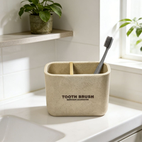 Porte-brosse à dents rectangulaire beige en résine imitation sable, avec séparateur en bambou et double compartiment, organiseur de salle de bain pour dentifrice