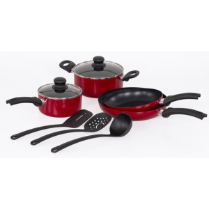 Set di pentole rosse Mareva da 9 pezzi con coperchi e utensili per cucinare sul fornello - Product Image 1