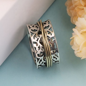 925 Sterling <strong>Silver</strong> Leaf Texture Meditation <strong>Spinner</strong> <strong>Ring</strong> Gold Plated Fidget Spinning <strong>Ring</strong> - Product Image 1