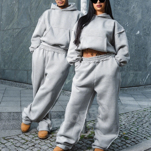Özel Boxy Fit çift katmanlı gri Stacked yığılmış Baggy boy fransız Terry pamuk eşofman <span class=keywords><strong>Sweatpants</strong></span> ve Hoodie erkekler için Set - Product Image 4