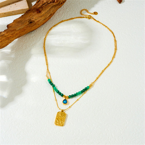 Simple Stylish Luxurious Punk Women's Necklace Double-layered Design <strong>Emerald</strong> Green <strong>Beads</strong> Heart-shaped Pendant Stainless Steel - Product Image 3