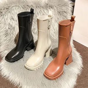 2022 New Fashionable Wholesale Custom Logo Boots Zipper Elastic Chunky Heels High Heeled Fashion Rain Boots For Women