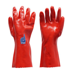 قفازات عمل ميكانيكية متينة مقاومة للمواد الكيميائية، قفازات صناعية حمراء مضادة للانزلاق ومقاومة للماء مطلية بالـ <span class=keywords><strong>PVC</strong></span> بأكمام طويلة - Product Image 3
