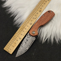 Couteau de poche MY7R en acier Damas, petit, avec logo personnalisé, manche en bois de santal, pliable, EDC, couteau de camping, couteau à fruits, couteau de défense personnel, tranchant