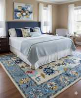 Tapis en laine tufté à la main, antistatique, écologique, insonorisant, adapté aux animaux domestiques, à poils moyens, bleu beige, motif floral sur le bord