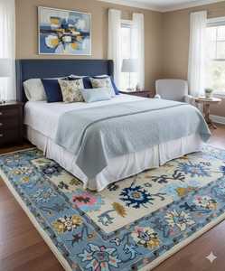 Tapis en laine touffeté à la main antistatique haute pile bleu Beige bordure florale Design indien tapis fait main pour chambre salon maison - Product Image 1