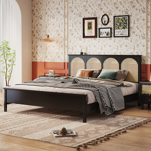 Italian Minimalist <b>Double</b> 1.8m Solid Wood Black <b>Bed</b> Platform Frame Rattan Headboard Bedroom Furniture - Product Image 3