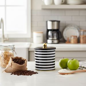 Recipiente redondo de metal de 2.1L con mango de perilla 140x150mm Patrón de línea en blanco y negro para almacenamiento y contenedor de alimentos - Product Image 3