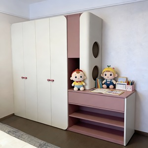Meuble de rangement pour chambre à coucher, blanc crème, rose Morandi, coins arrondis, poignées invisibles, découpes circulaires, parent-enfant - Product Image 3