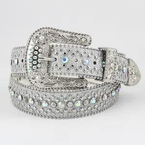 Custom Luxury crystal strass women design diamante cinture unisex con borchie western buckle BB simon PU leather belt