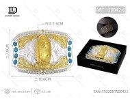 Fibbia per cintura grande in argento e oro da 5,0 cm placcata con pietre blu in stile western - Product Image 1