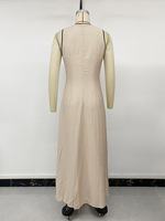 Nuevo Vestido Largo de Verano Estilo Francés Vintage con Tirantes, Cuello en V de Contraste, Sin Mangas, con Cordones y Cintura Ajustada