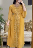 Kaftan de Luxe pour Fille Islamique, Jaune Dubaï, Broderie Strass, Manches Chauve-Souris Mi-Longues, pour Soirée et Été