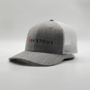 Venta al por mayor hebilla de plástico simple en blanco 6 Panel curva visera gris blanco de malla camionero sombreros gorras plano con logotipo personalizado de bordado