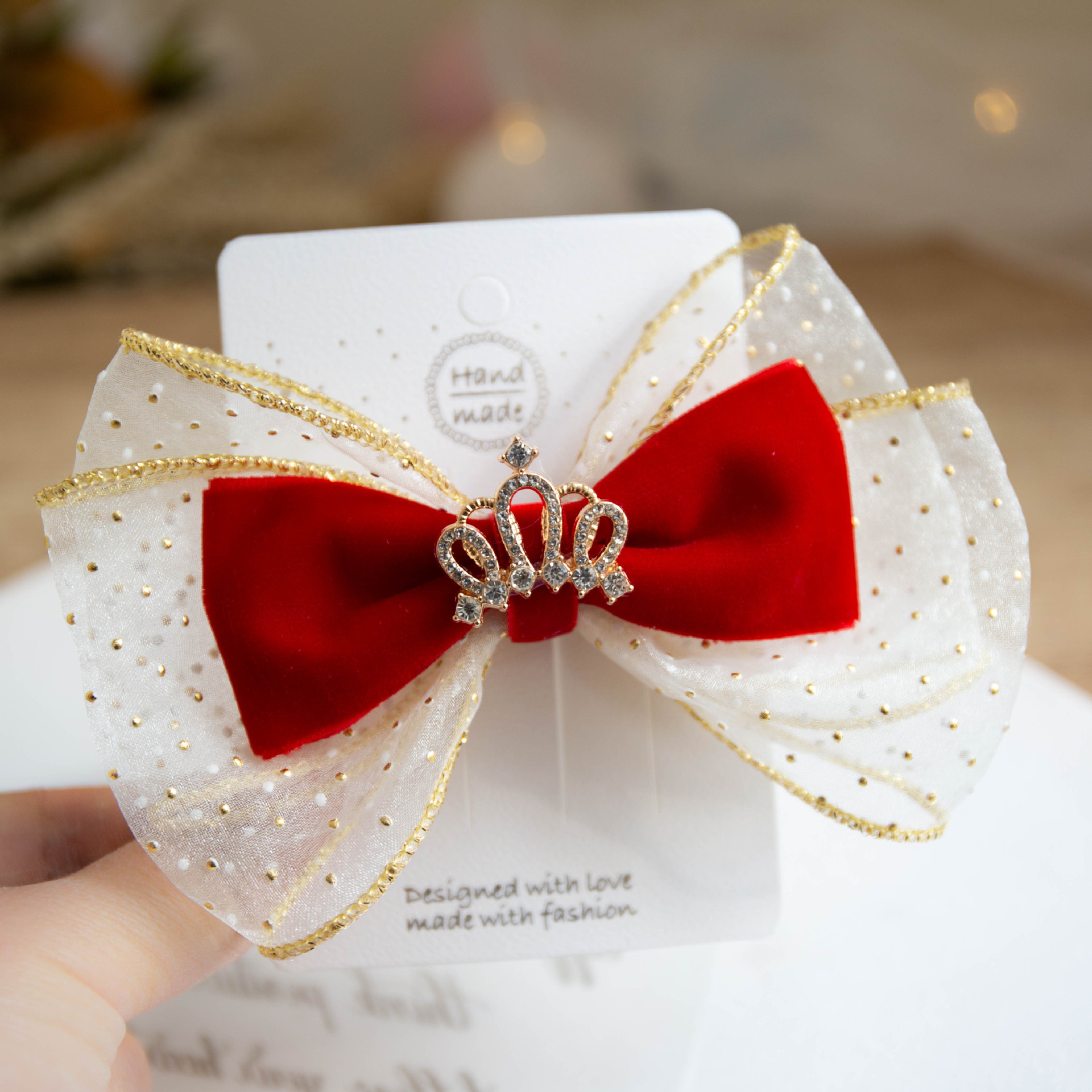 Red rose rhinestone embellished hair bow New Years Red Velvet Gauze Hair Bow Clip With Rhinestone  main image 2