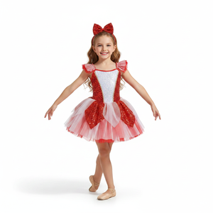 Tutu de ballet rouge festif à paillettes pour enfants, thème canne à sucre, avec bandeau à nœud pour spectacles de fin d'année - Product Image 1