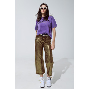 Jeans Rectos Color Marrón con Brillo Metálico Dorado - Product Image 6