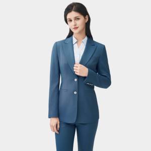 بدلة نسائية أنيقة ضيقة باللون الأزرق الملكي، مصنوعة من مزيج الصوف والفيسكوز، بياقة مسننة، مناسبة للعمل والمكتب، مقاومة للتجاعيد وبطول كامل - Product Image 1