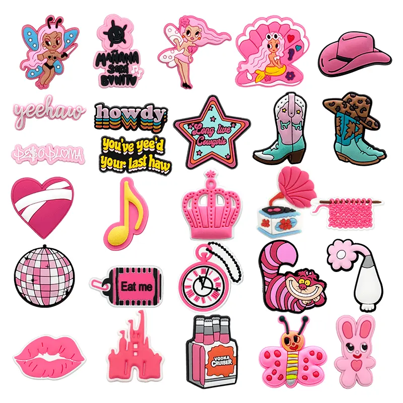 Toptan özel diy 2d pembe yumuşak pvc ayakkabılar süslemeleri yıldırım pimleri Karol G kovboy sevgililer günü takunya charms