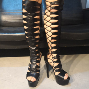 Bottes longues sexy à bout ouvert pour femme, plateforme découpée, talons aiguilles, bottes hautes au genou, style stripper, grandes tailles 47 - Product Image 3