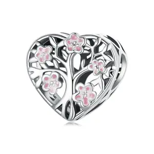 925 Silver Charms Flowers Heart Beads Pink Zircon Charm Fit Original Charms For Bracelets Bulk Fashion Jewelry