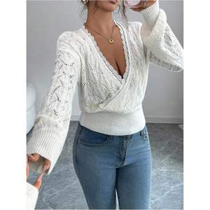 Soly Hux Pull en dentelle à col en V pour femme, manches longues, tricot crocheté, pull décontracté, hauts pour l'automne - Product Image 5