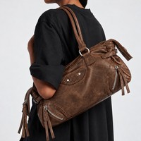 Sac Rétro Grande Capacité Style Motard 2026 Nouveau Sac Fourre-tout à Bandoulière et à Main pour Femme avec Clous et Pompons Fermeture Éclair Style Edgy Girl