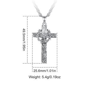 Collar con Colgante de Cruz Plateado, Diseño de Corona de Espinas con Textura de Madera, Joyería Religiosa Católica al por Mayor para Hombre - Product Image 2
