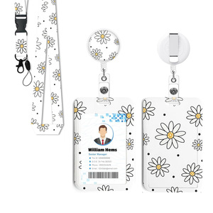White chrysanthemum <b>ID</b> round badge clip lanyard and retractable scroll clip stylish card name tag vertical protective case - Product Image 1