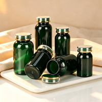 Bouteilles de pilules en plastique PET vert personnalisées avec bouchon en acrylique à bord doré, flacons vides pour comprimés, capsules, emballages de compléments alimentaires