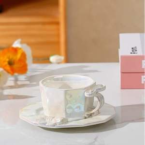 Factory Accepts Customization Handmade Bowknot Handle Exquisite <b>Ceramic</b> <b>Cup</b> Coffee Mugs With Tray for Wedding & Home Decor - Product Image 1